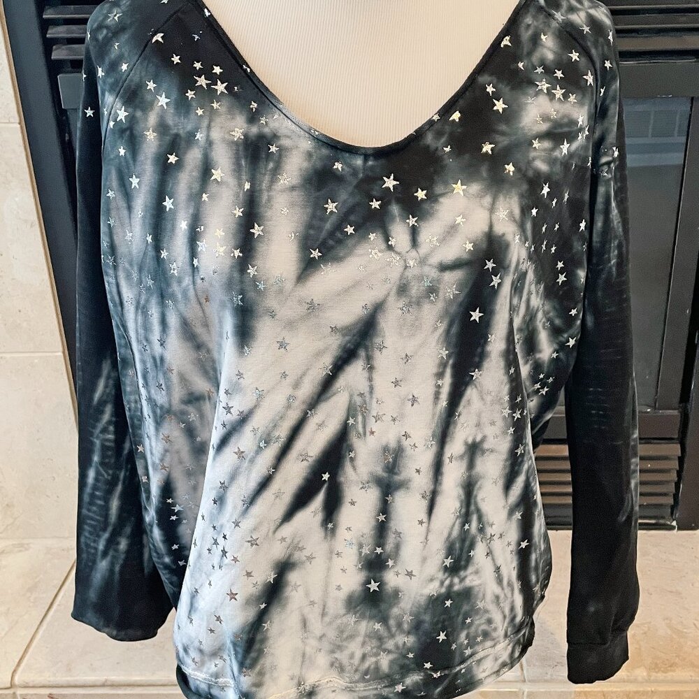 Tempo Paris Silver Metallic Stars Tie Dye Blue and Black Top Blouse